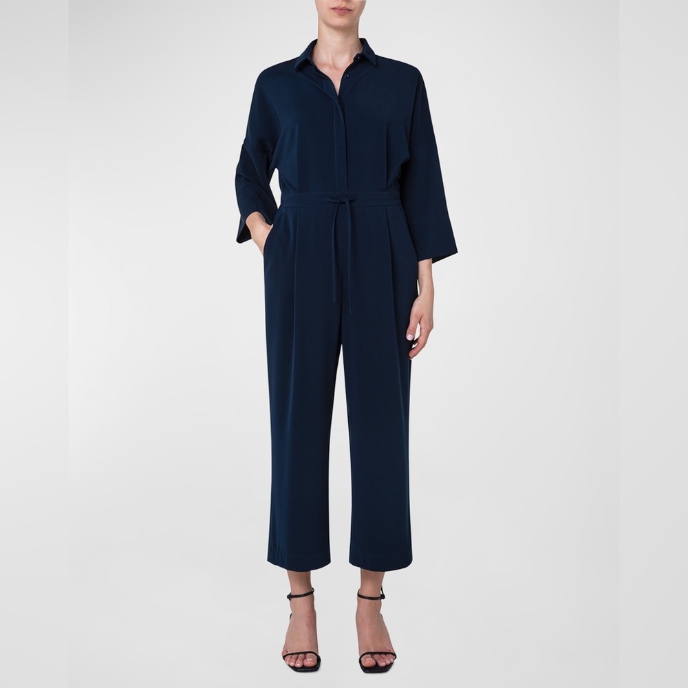 Akris Punto NEW Button Front Wide Leg Cropped Jumpsuit In Navy Size US 12 $1,390